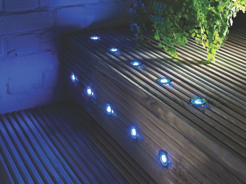 30mm Outdoor LED Recessed Deck Light Kit Brushed Chrome 4.4W 10 Pack | Decking Lights | Screwfix.ie