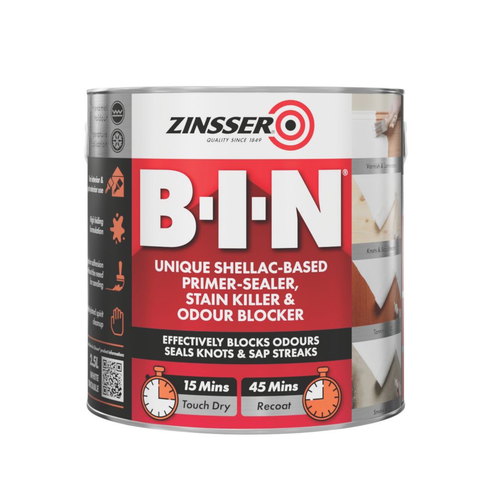 Zinsser BIN 2.5Ltr White Matt Stain Block Interior Multi Surface