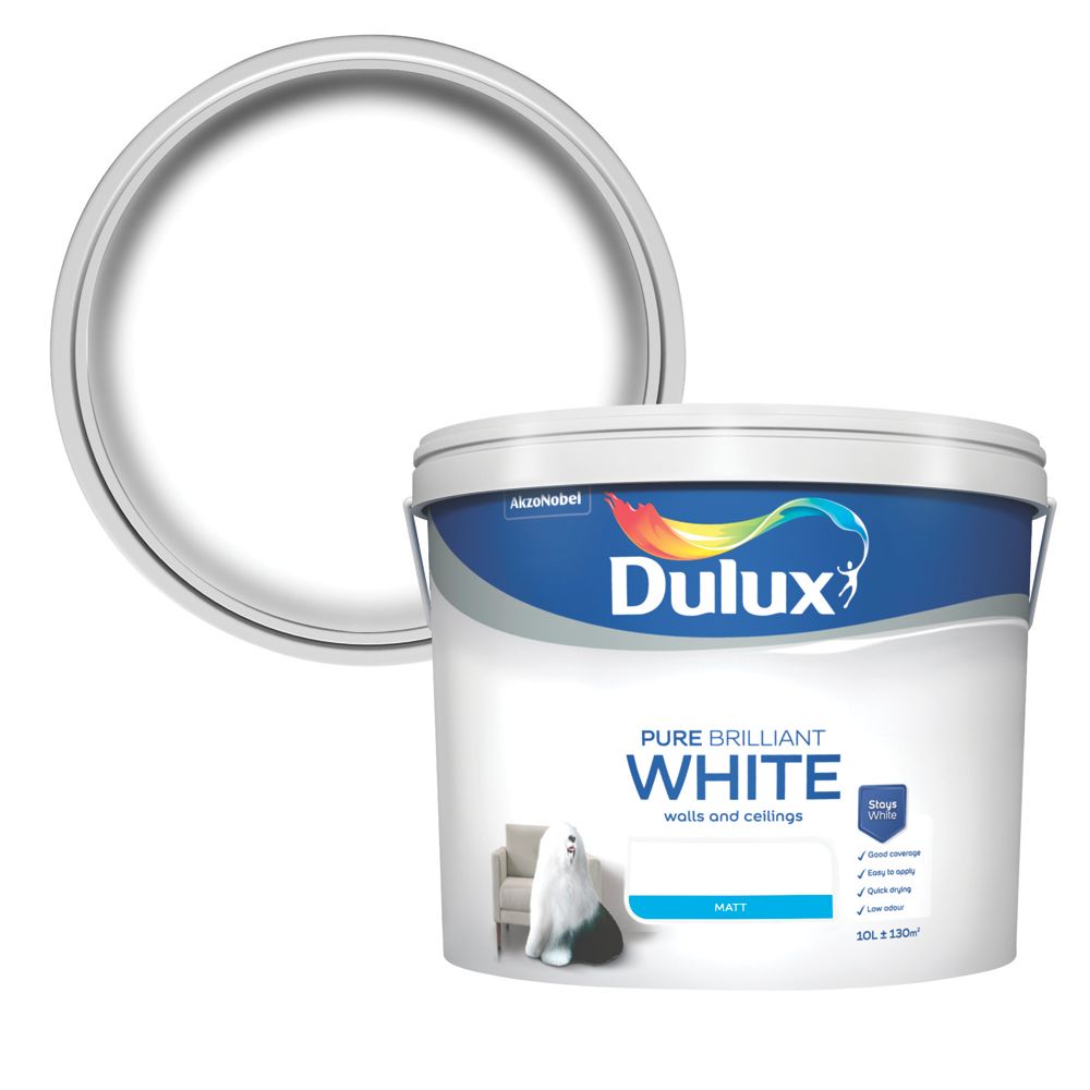Dulux 10Ltr Pure Brilliant White Matt Emulsion Paint Screwfix