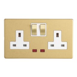 Contactum Lyric 13A 2-Gang DP Switched Socket Outlet Brushed Brass with Neon with White Inserts