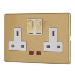 Contactum Lyric 13A 2-Gang DP Switched Socket Outlet Brushed Brass with Neon with White Inserts