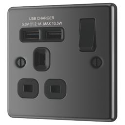 LAP  13A 1-Gang SP Switched Socket + 2.1A 10.5W 2-Outlet Type A USB Charger Black Nickel with Black Inserts