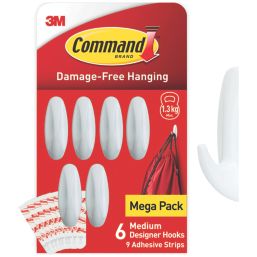 Command White Self-Adhesive Medium Designer Hook 6 Pack