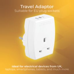 Masterplug Travel Power 13A Unfused Adaptor + 2.1A 10.5W 2-Outlet Type A & C USB Charger White