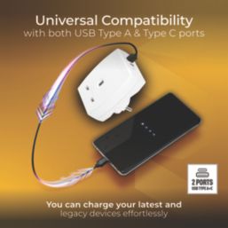 Masterplug Travel Power 13A Unfused Adaptor + 2.1A 10.5W 2-Outlet Type A & C USB Charger White