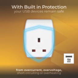 Masterplug Travel Power 13A Unfused Adaptor + 2.1A 10.5W 2-Outlet Type A & C USB Charger White