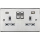 Knightsbridge  13A 2-Gang SP Switched Socket + 4.0A 20W 2-Outlet Type A & C USB Charger Brushed Chrome with Grey Inserts