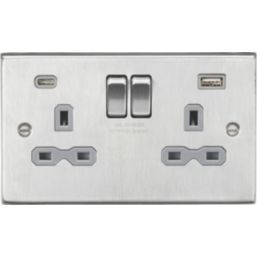 Knightsbridge  13A 2-Gang SP Switched Socket + 4.0A 20W 2-Outlet Type A & C USB Charger Brushed Chrome with Grey Inserts