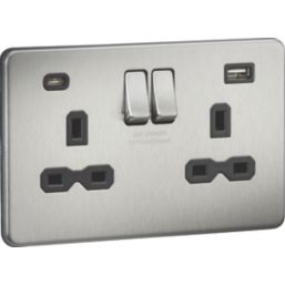 Knightsbridge  13A 2-Gang SP Switched Socket + 4.0A 20W 2-Outlet Type A & C USB Charger Brushed Chrome with Black Inserts