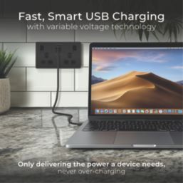 British General Evolve 13A 2-Gang SP Switched Socket + 3A 45W 2-Outlet Type A & C USB Charger Black Chrome with Black Inserts