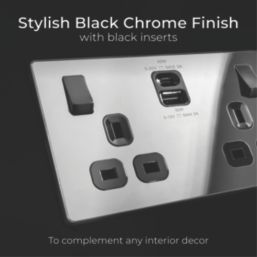 British General Evolve 13A 2-Gang SP Switched Socket + 3A 45W 2-Outlet Type A & C USB Charger Black Chrome with Black Inserts