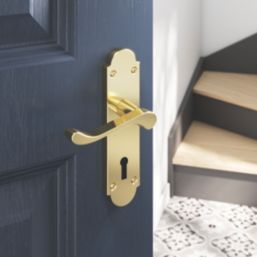 Cooke & Lewis Lulworth Lever on Backplate Lockable Handle Pair Polished Brass