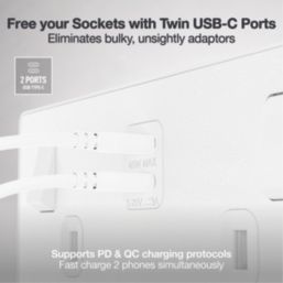 British General Evolve 13A 2-Gang SP Switched Socket + 3.25A 45W 2-Outlet Type C USB Charger Pearlescent White with White Inserts