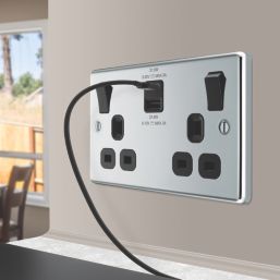 LAP  13A 2-Gang SP Switched Socket + 3A 22W 2-Outlet Type A & C USB Charger Polished Chrome with Black Inserts