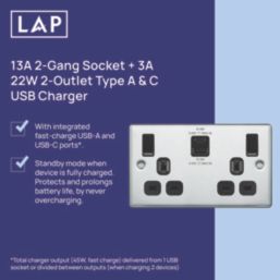 LAP  13A 2-Gang SP Switched Socket + 3A 22W 2-Outlet Type A & C USB Charger Polished Chrome with Black Inserts