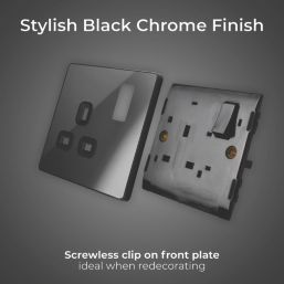 British General Evolve 13A 1-Gang SP Switched Socket Black Chrome  with Black Inserts