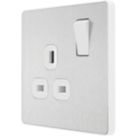 British General Evolve 13A 1-Gang SP Switched Socket Brushed Steel  with White Inserts
