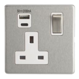 Contactum Lyric 13A 1-Gang DP Switched Socket + 3.1A 15.5W 1-Outlet Type A & C USB Charger Brushed Stainless Steel with White Inserts