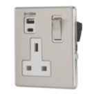 Contactum Lyric 13A 1-Gang DP Switched Socket + 3.1A 15.5W 1-Outlet Type A & C USB Charger Brushed Stainless Steel with White Inserts
