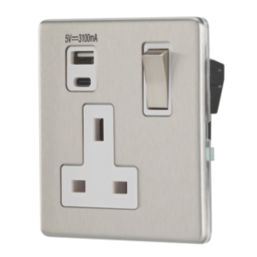 Contactum Lyric 13A 1-Gang DP Switched Socket + 3.1A 15.5W 1-Outlet Type A & C USB Charger Brushed Stainless Steel with White Inserts