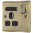 British General Nexus Metal 13A 1-Gang SP Switched Socket + 3A 18W 2-Outlet Type A & C USB Charger Antique Brass with Black Inserts