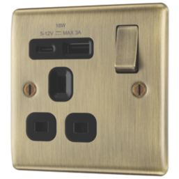British General Nexus Metal 13A 1-Gang SP Switched Socket + 3A 18W 2-Outlet Type A & C USB Charger Antique Brass with Black Inserts