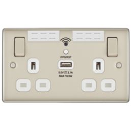 British General Nexus Metal 13A 2-Gang SP Switched Socket & WiFi Extender + 2.1A 10.5W 1-Outlet Type A USB Charger Pearl Nickel with White Inserts