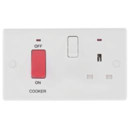British General 800 Series 45A 2-Gang DP Cooker Switch & 13A DP Switched Socket White with LED