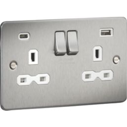 Knightsbridge  13A 2-Gang SP Switched Socket + 4.0A 20W 2-Outlet Type A & C USB Charger Brushed Chrome with White Inserts