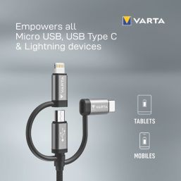 Varta USB-A to Micro USB-B / Lightning / USB-C 3-in-1 Sync & Charge Cable 2m