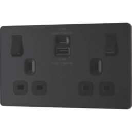 British General Evolve 13A 2-Gang SP Switched Socket + 3A 22W 2-Outlet Type A & C USB Charger Matt Black with Black Inserts