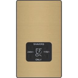 British General Evolve 2-Gang Dual Voltage Shaver Socket 115/240V Satin Brass with Black Inserts