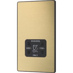 British General Evolve 2-Gang Dual Voltage Shaver Socket 115/240V Satin Brass with Black Inserts