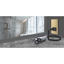 British General Evolve 2-Gang Dual Voltage Shaver Socket 115/240V Satin Brass with Black Inserts