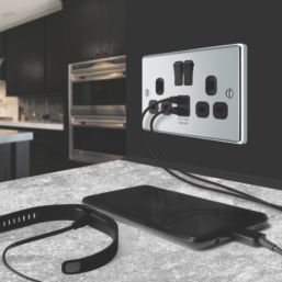 LAP  13A 2-Gang SP Switched Socket + 2.4A 12W 2-Outlet Type A USB Charger Polished Chrome with Black Inserts