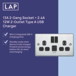 LAP  13A 2-Gang SP Switched Socket + 2.4A 12W 2-Outlet Type A USB Charger Polished Chrome with Black Inserts