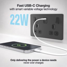 British General Evolve 13A 2-Gang SP Switched Socket + 3.25A 22W 2-Outlet Type C USB Charger Matt Black with Black Inserts