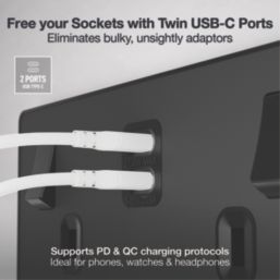 British General Evolve 13A 2-Gang SP Switched Socket + 3.25A 22W 2-Outlet Type C USB Charger Matt Black with Black Inserts