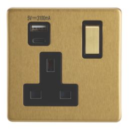Contactum Lyric 13A 1-Gang DP Switched Socket + 3.1A 15.5W 1-Outlet Type A & C USB Charger Brushed Brass with Black Inserts