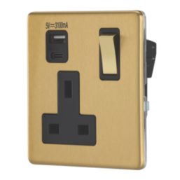 Contactum Lyric 13A 1-Gang DP Switched Socket + 3.1A 15.5W 1-Outlet Type A & C USB Charger Brushed Brass with Black Inserts