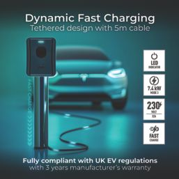 Masterplug  1 Port 7.4kW  Mode 3 Type 2 Plug Tethered Smart EV Charger with 5m Cable Black