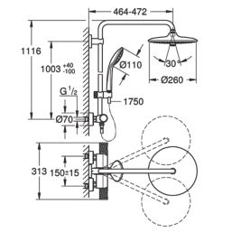 Grohe Vitalio Joy 260 HP Rear-Fed Exposed Phantom Black Thermostatic Shower System
