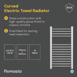 Flomasta 700mm x 400mm 512BTU Chrome Curved Electric Towel Radiator