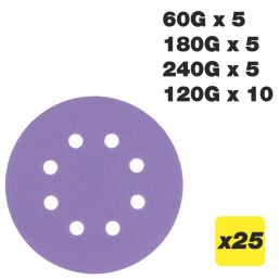 Trend  AB/125/M25 60, 120 & 180 & 240 Grit 8-Hole Punched Wood, Paint, Plastic, Filler, Plaster & Metal Random Orbital Sanding Discs 125mm 25 Pack