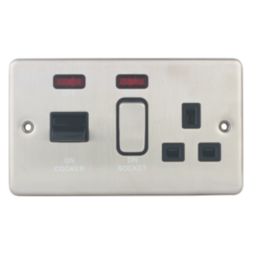 Hager Sollysta WRCC50NBSB 45A 1-Gang 2P+E Cooker Switch & 13A DP Switched Socket Brushed Steel with LED with Black Inserts