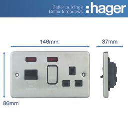 Hager Sollysta WRCC50NBSB 45A 1-Gang 2P+E Cooker Switch & 13A DP Switched Socket Brushed Steel with LED with Black Inserts