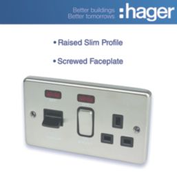 Hager Sollysta WRCC50NBSB 45A 1-Gang 2P+E Cooker Switch & 13A DP Switched Socket Brushed Steel with LED with Black Inserts