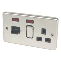 Hager Sollysta WRCC50NBSB 45A 1-Gang 2P+E Cooker Switch & 13A DP Switched Socket Brushed Steel with LED with Black Inserts