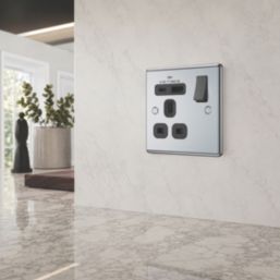 LAP  13A 1-Gang SP Switched Socket + 3A 18W 2-Outlet Type A & C USB Charger Polished Chrome with Black Inserts