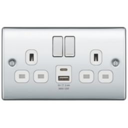 British General Nexus Metal 13A 2-Gang SP Switched Socket + 2.4A 12W 2-Outlet Type A & C USB Charger Polished Chrome with White Inserts